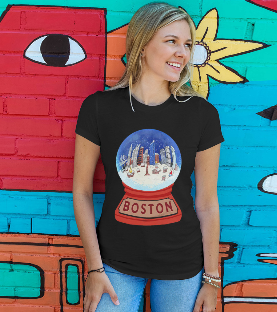 Boston Cityscape Snow Globes Christmas Holiday Scene T-Shirt