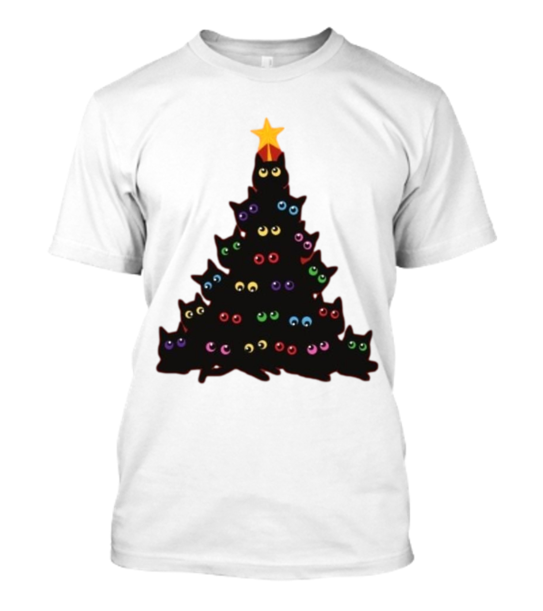 Cat Christmas Tree With Colorful Eyes And Star Top T-Shirt