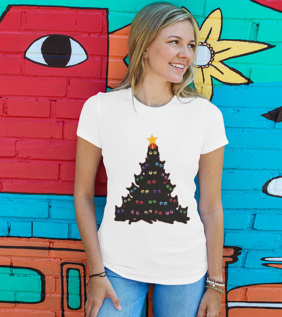 Cat Christmas Tree With Colorful Eyes And Star Top T-Shirt