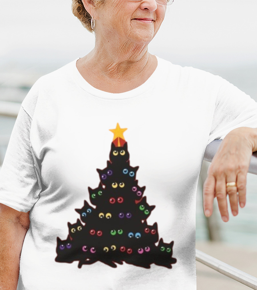 Cat Christmas Tree With Colorful Eyes And Star Top T-Shirt