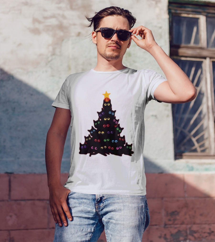 Cat Christmas Tree With Colorful Eyes And Star Top T-Shirt