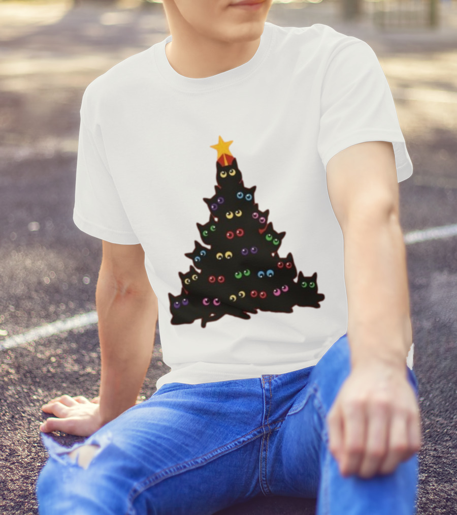 Cat Christmas Tree With Colorful Eyes And Star Top T-Shirt