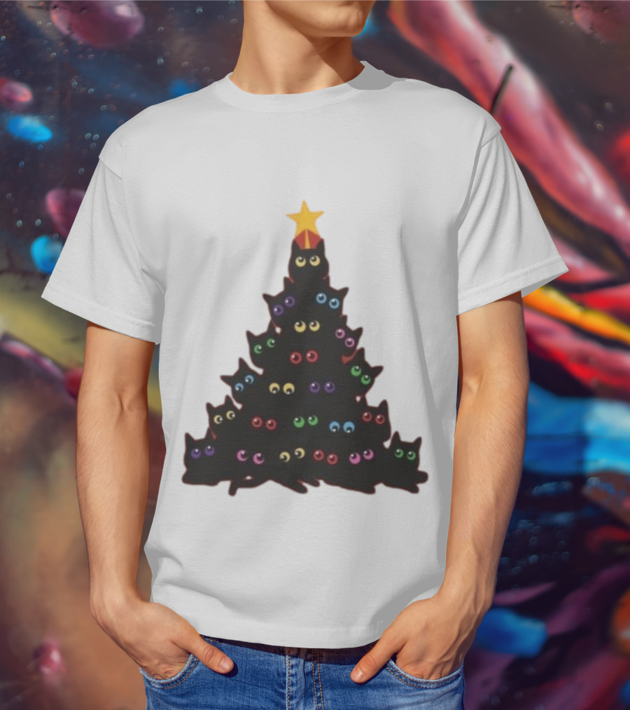Cat Christmas Tree With Colorful Eyes And Star Top T-Shirt