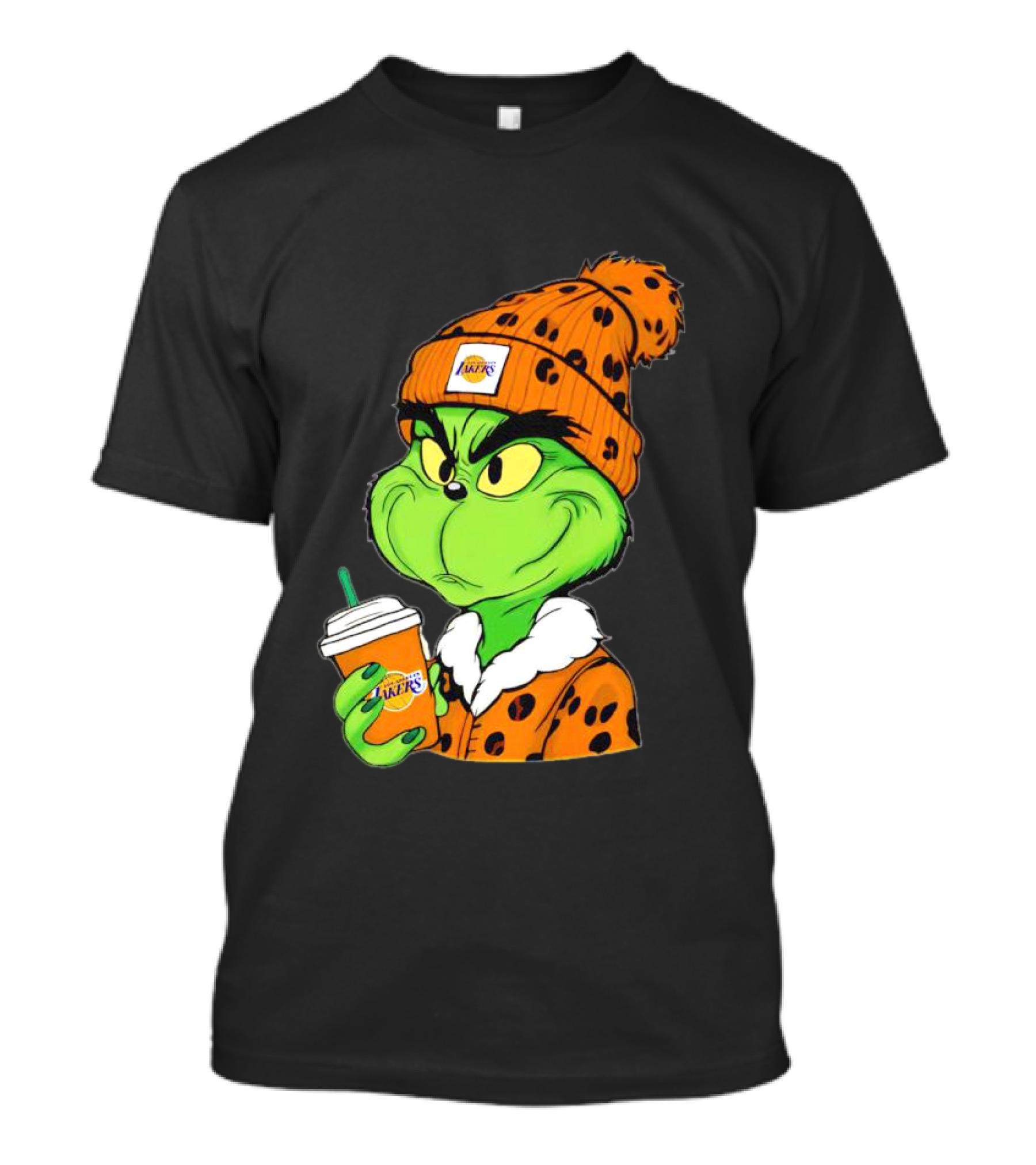 Grinch Drinking Los Angeles Lakers Cup Wearing Beanie T-Shirt