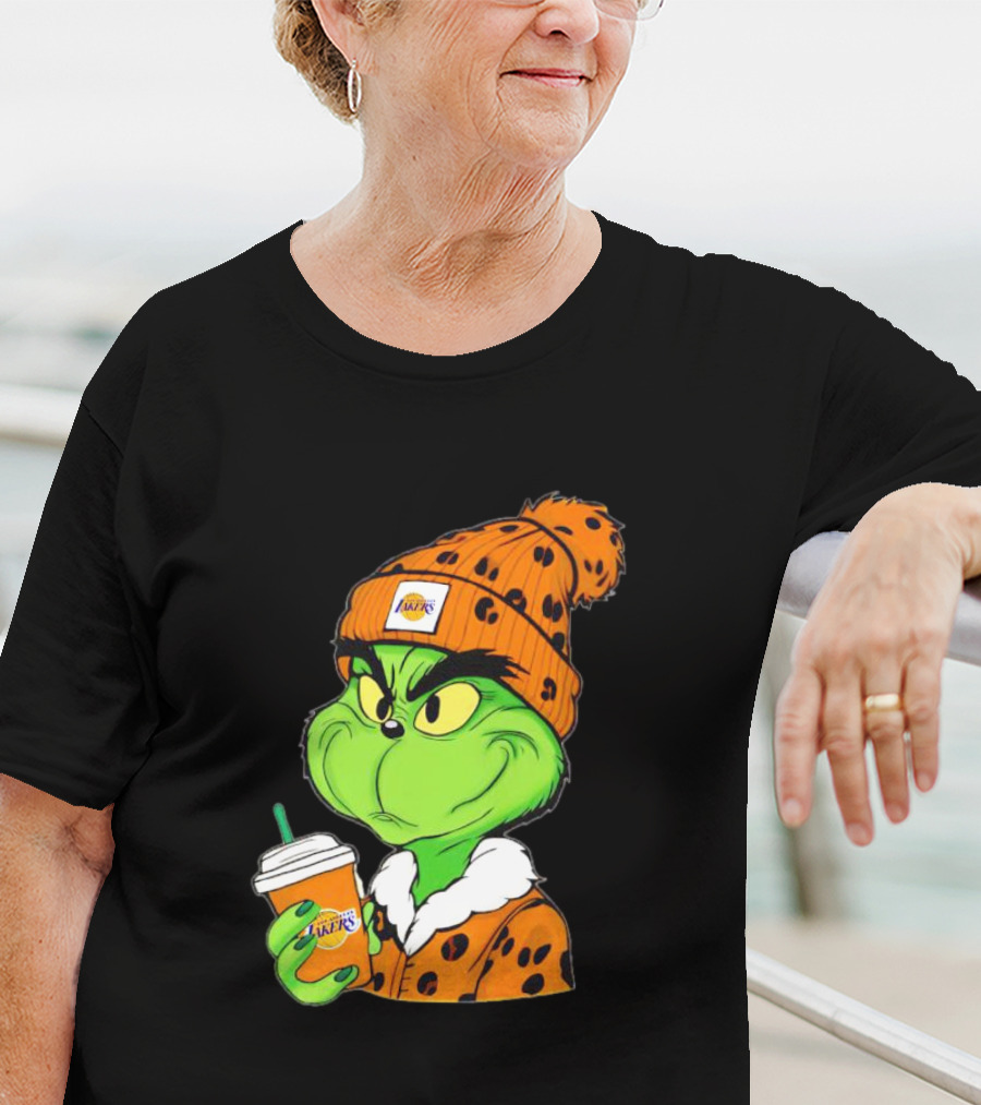 Grinch Drinking Los Angeles Lakers Cup Wearing Beanie T-Shirt
