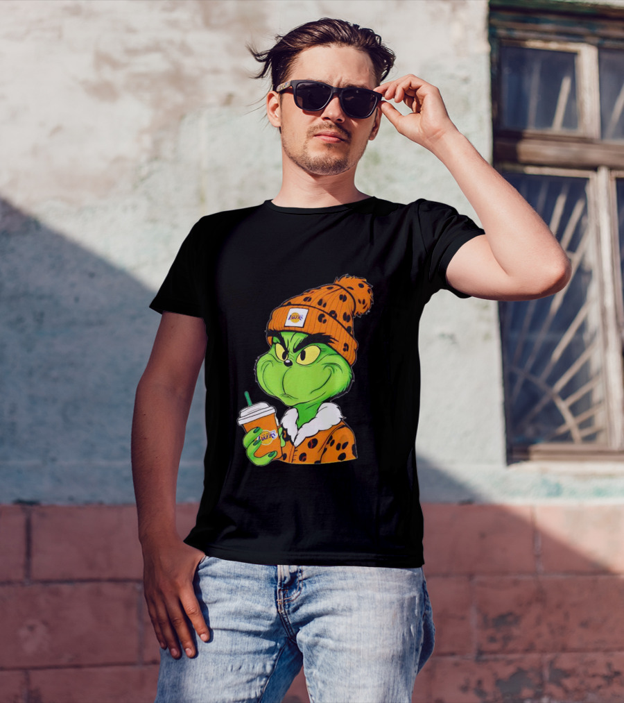 Grinch Drinking Los Angeles Lakers Cup Wearing Beanie T-Shirt