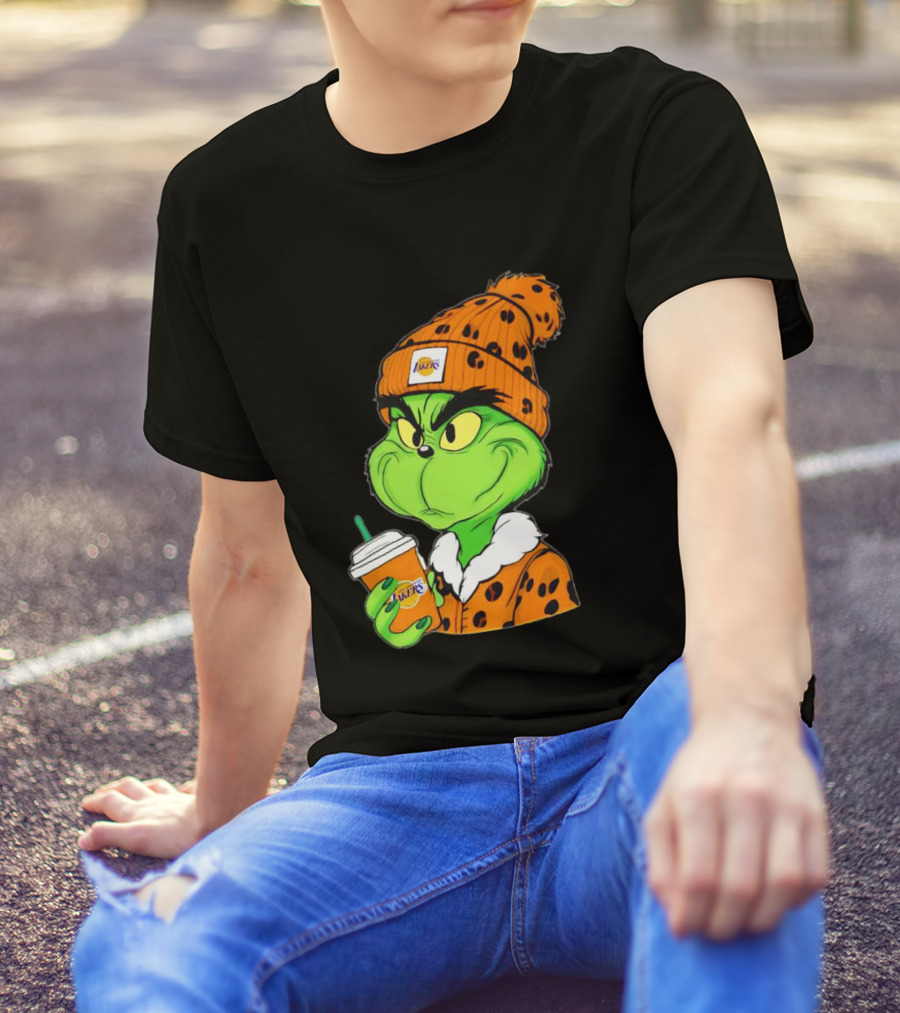Grinch Drinking Los Angeles Lakers Cup Wearing Beanie T-Shirt