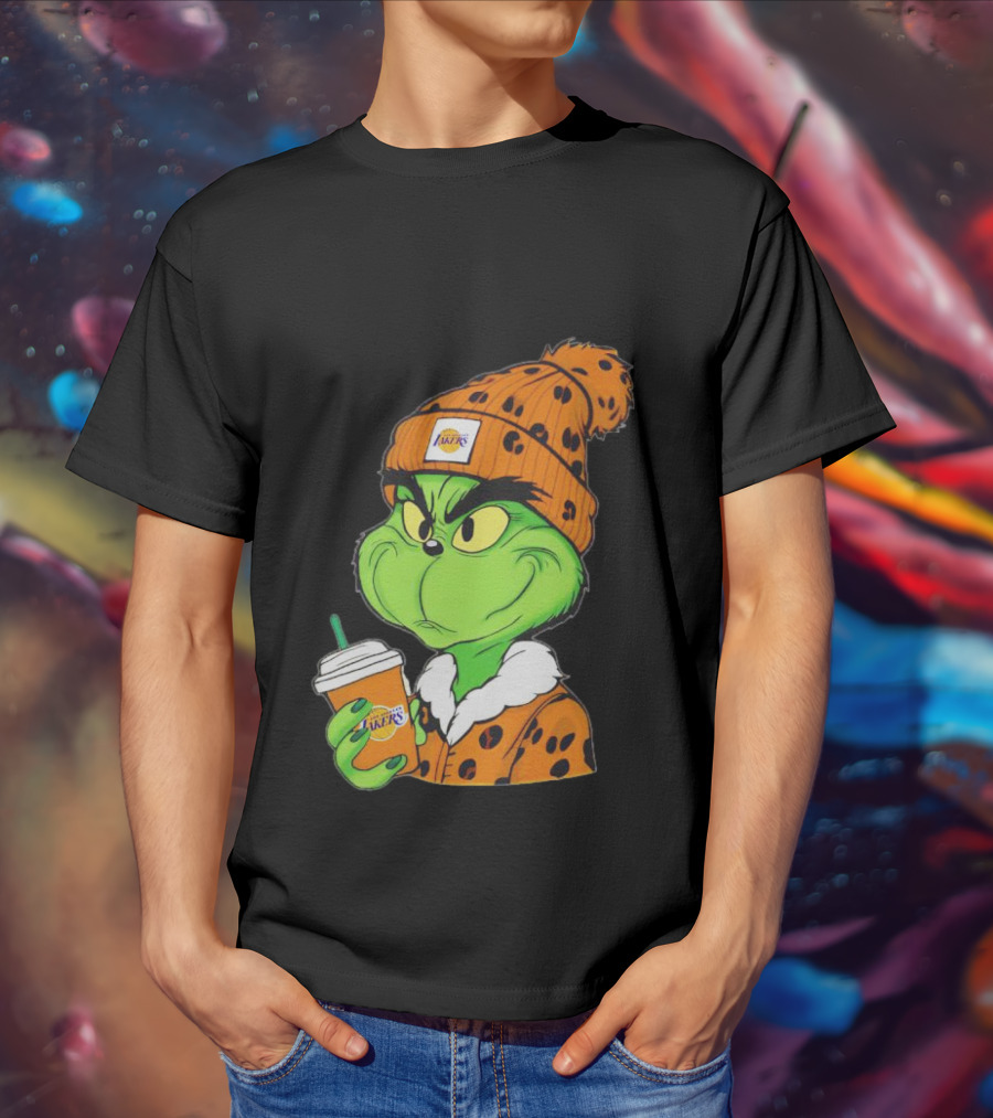Grinch Drinking Los Angeles Lakers Cup Wearing Beanie T-Shirt