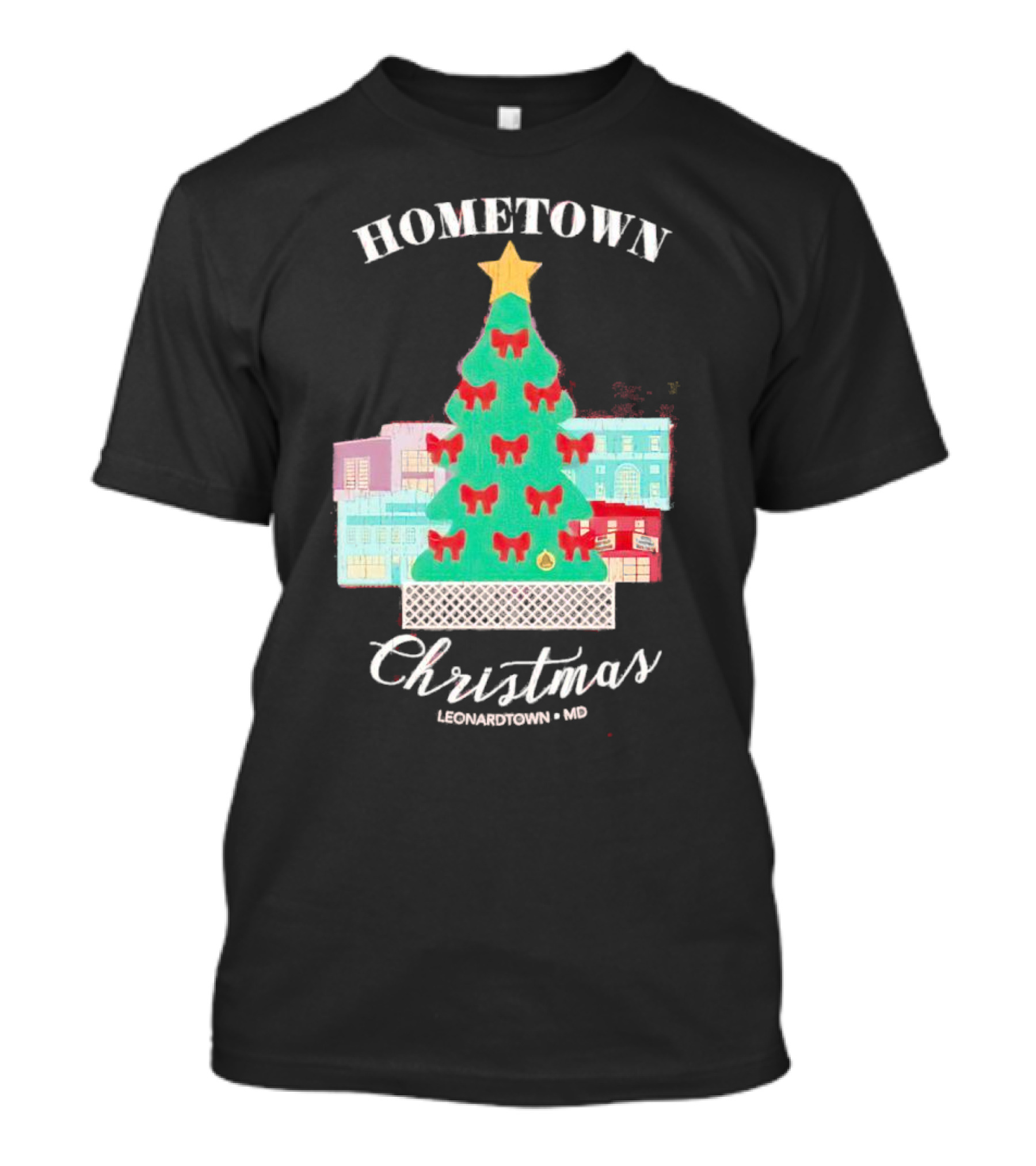 Hometown Christmas Leonardtown MD Christmas Tree With Red Bows And Star T-Shirt