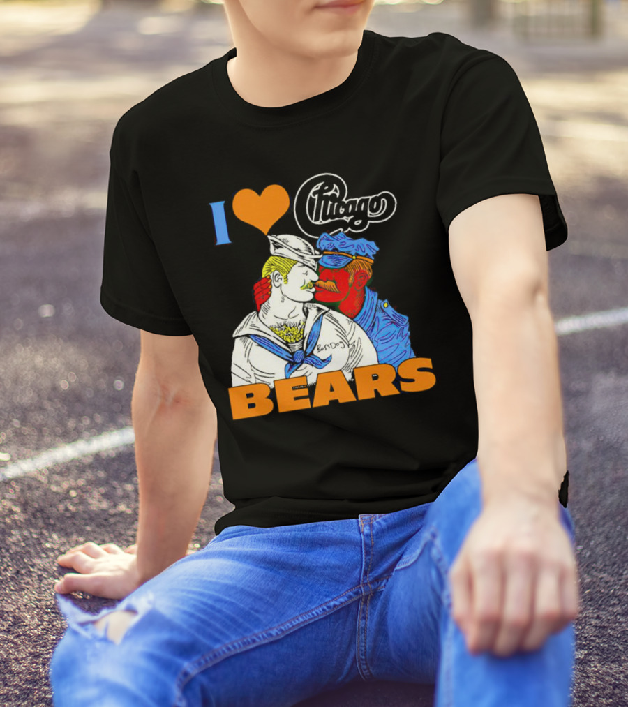 I Love Chicago Bears BossDog Sailor And Cop Embrace T-Shirt