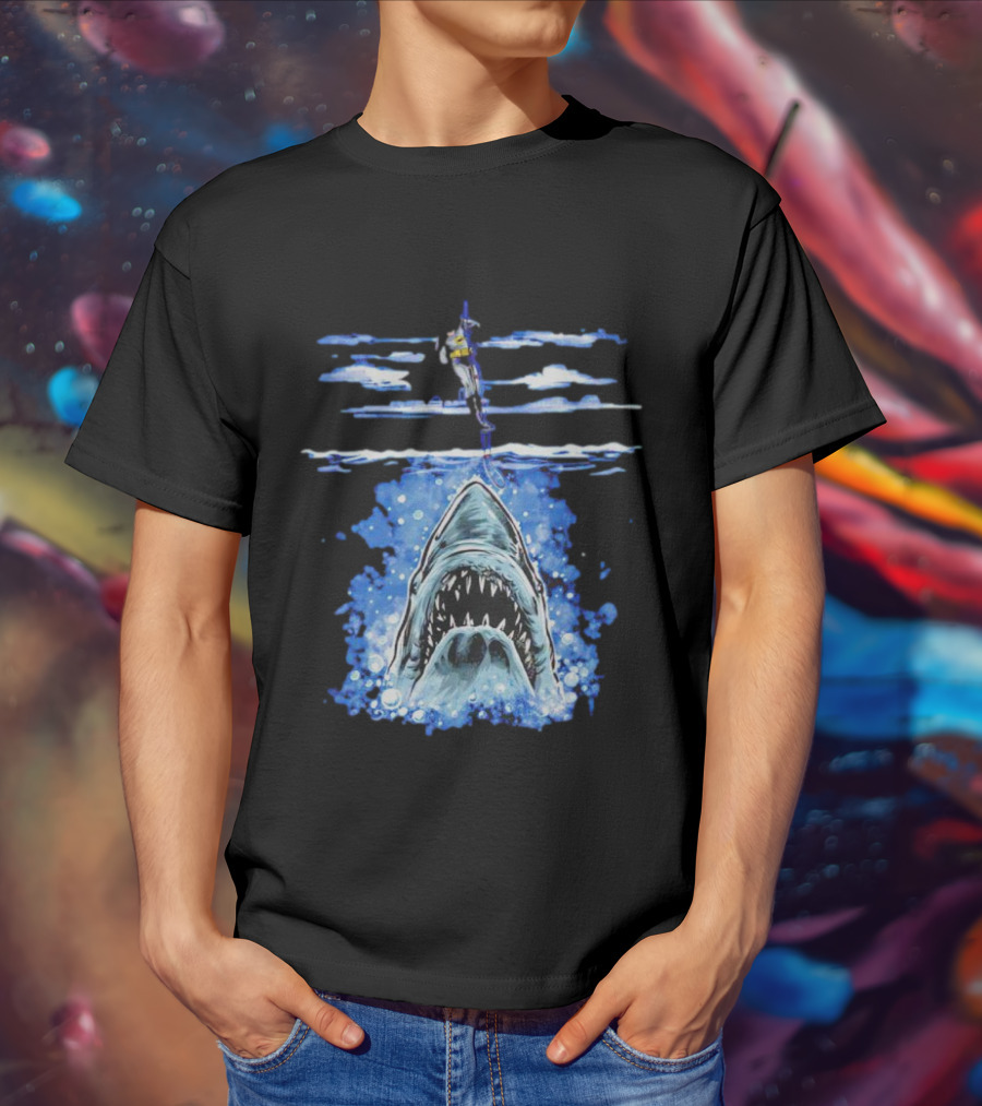 Jaws Batman Shark Repellent Hanging Above Menacing Shark T-Shirt
