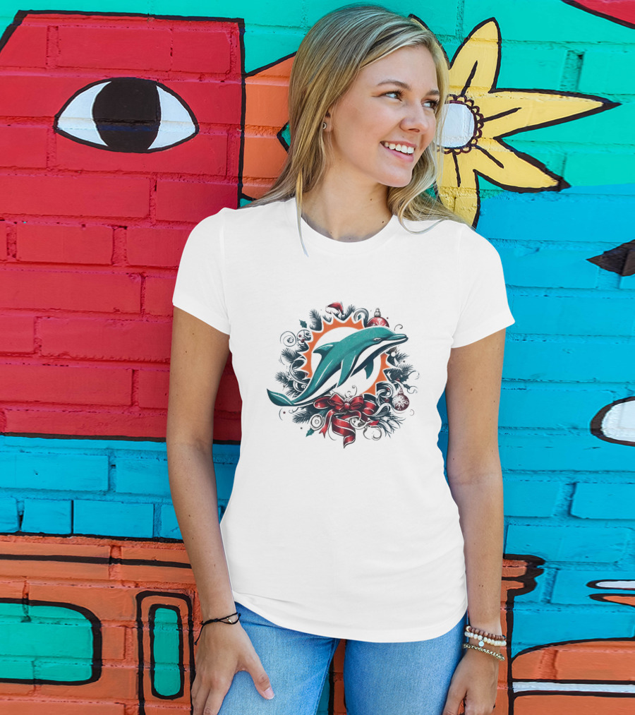Miami Dolphins Holiday Wreath Christmas Ornament Bow T-Shirt