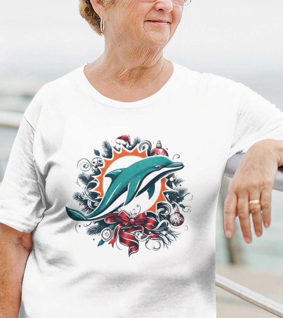 Miami Dolphins Holiday Wreath Christmas Ornament Bow T-Shirt