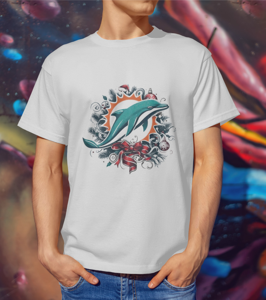 Miami Dolphins Holiday Wreath Christmas Ornament Bow T-Shirt