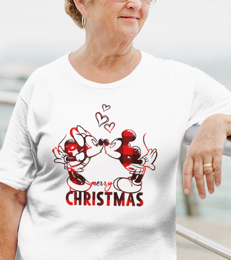 Mickey Minnie Kissing Merry Christmas Hearts Red Plaid T-Shirt