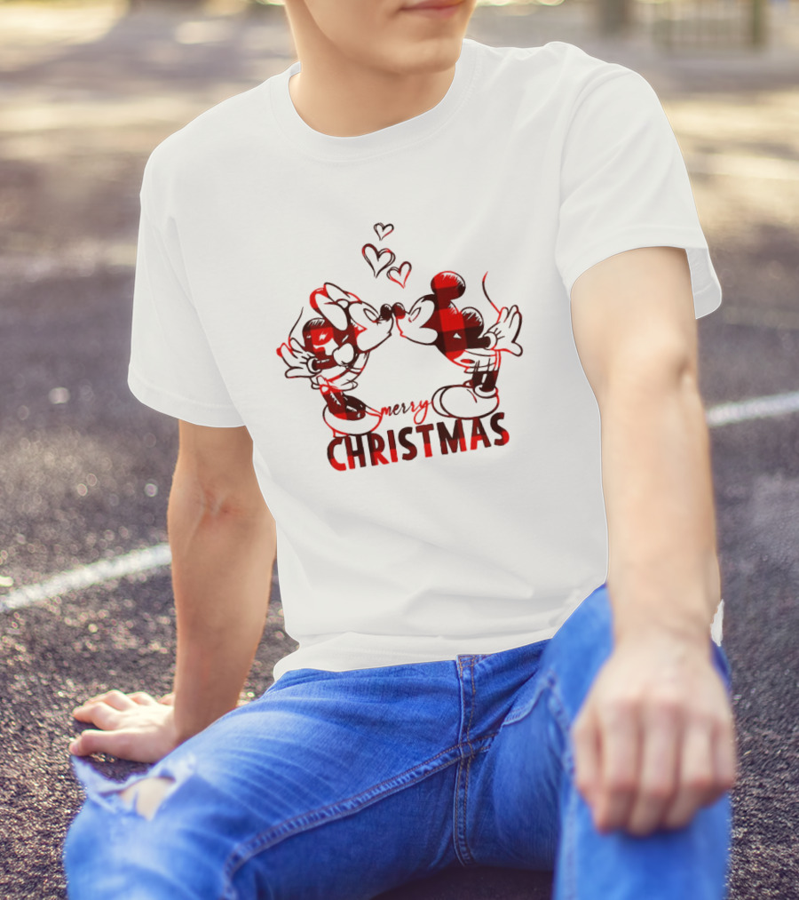Mickey Minnie Kissing Merry Christmas Hearts Red Plaid T-Shirt