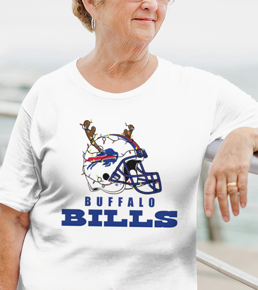 Buffalo Bills Helmet With Deer Antlers And Christmas Lights T-Shirt
