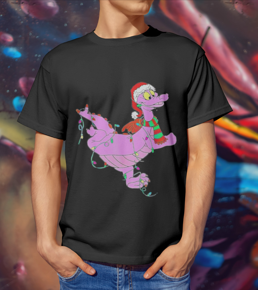 Dragon Figment In Santa Hat Wrapped In Christmas Lights T-Shirt