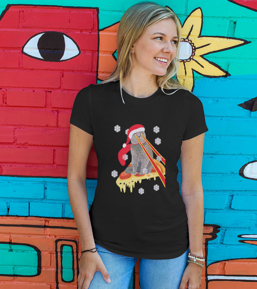 Santa Cat With Laser Eyes On Cheesy Pizza Snowflakes T-Shirt