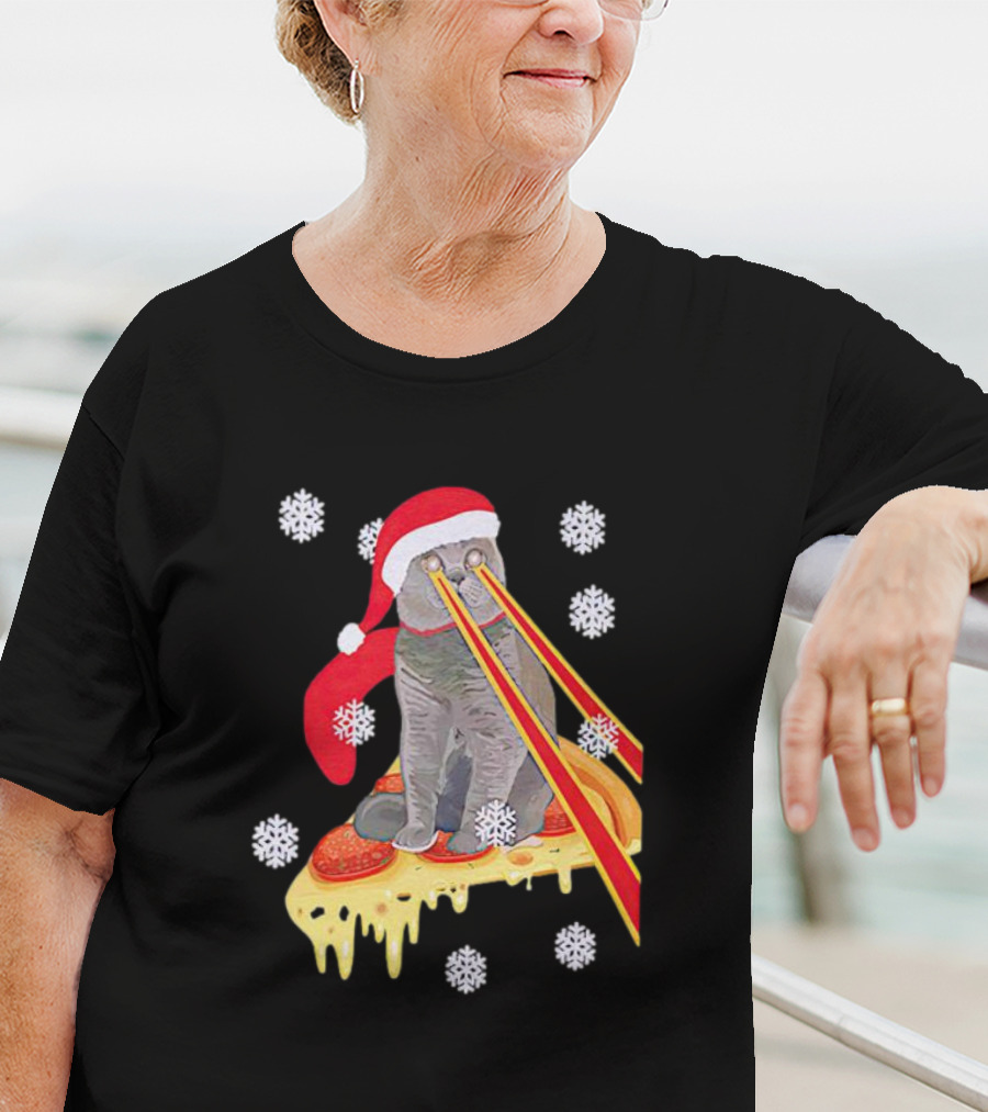 Santa Cat With Laser Eyes On Cheesy Pizza Snowflakes T-Shirt