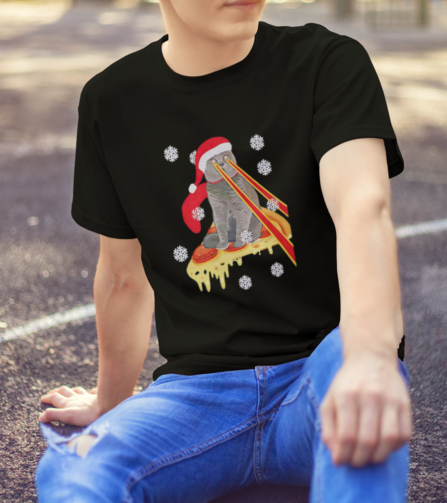 Santa Cat With Laser Eyes On Cheesy Pizza Snowflakes T-Shirt