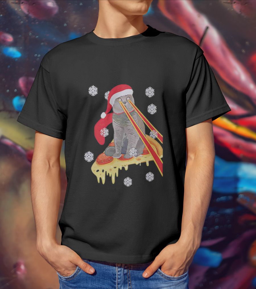 Santa Cat With Laser Eyes On Cheesy Pizza Snowflakes T-Shirt