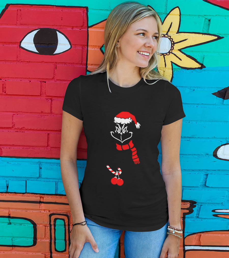 Grinch Santa Hat Scarf Candy Cane Christmas Balls T-Shirt