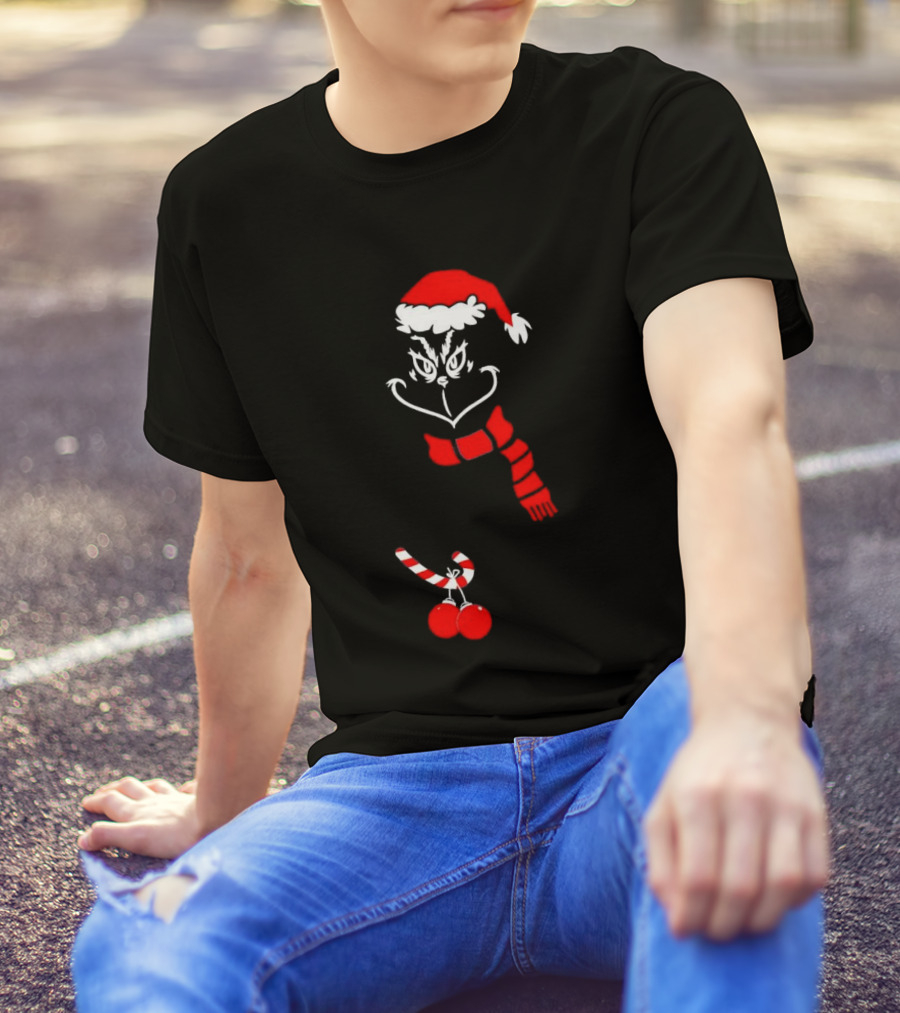 Grinch Santa Hat Scarf Candy Cane Christmas Balls T-Shirt