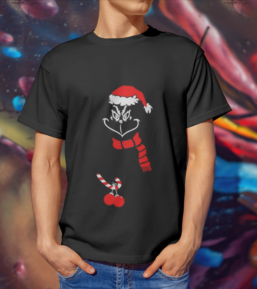 Grinch Santa Hat Scarf Candy Cane Christmas Balls T-Shirt