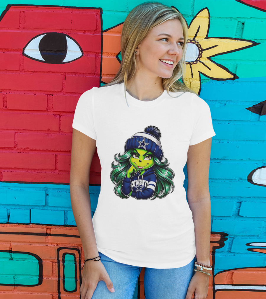 Grinch Girl In Dallas Cowboys Hat And Hoodie With Star T-Shirt