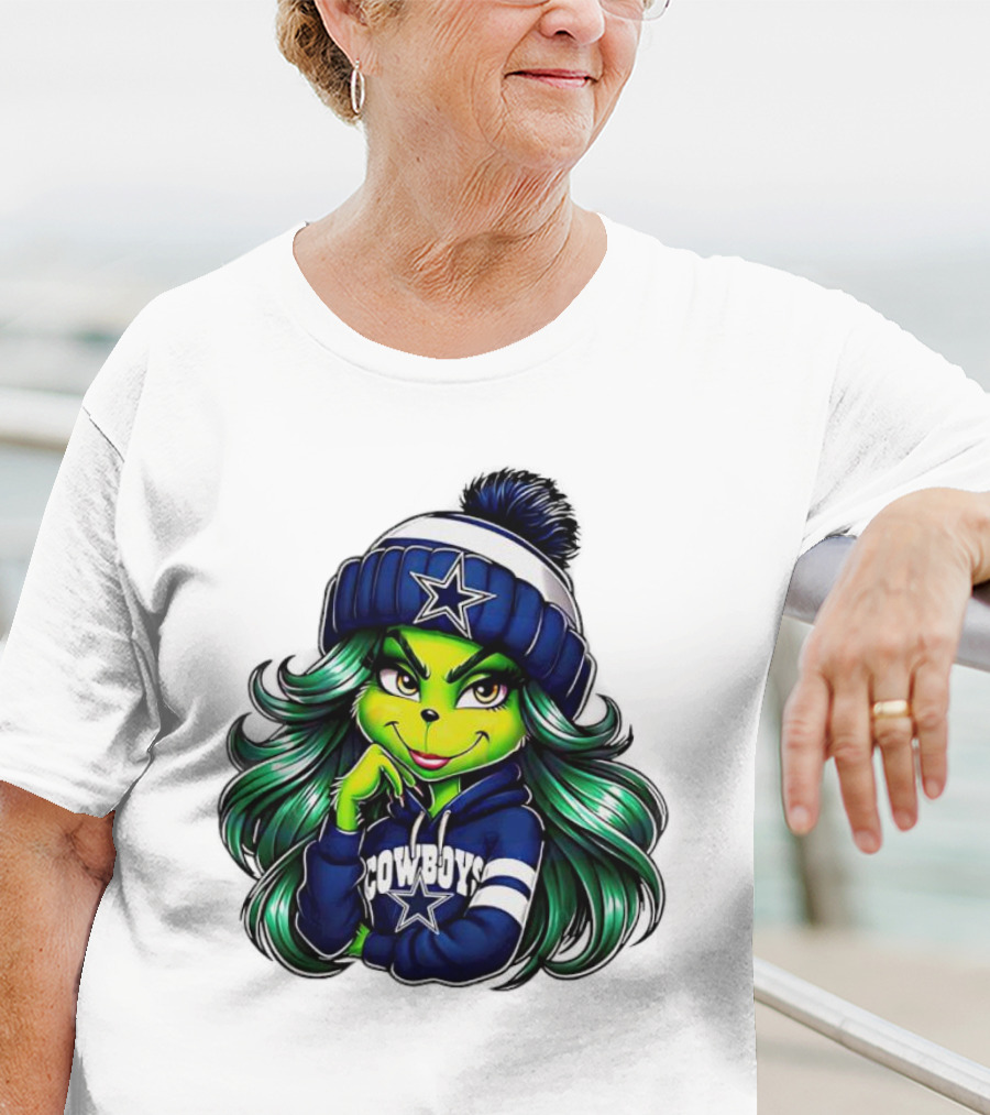 Grinch Girl In Dallas Cowboys Hat And Hoodie With Star T-Shirt