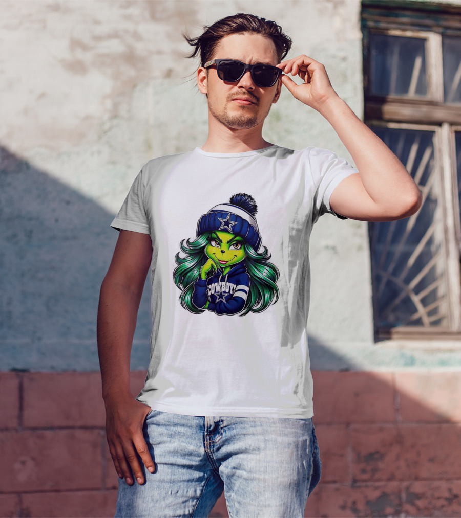 Grinch Girl In Dallas Cowboys Hat And Hoodie With Star T-Shirt