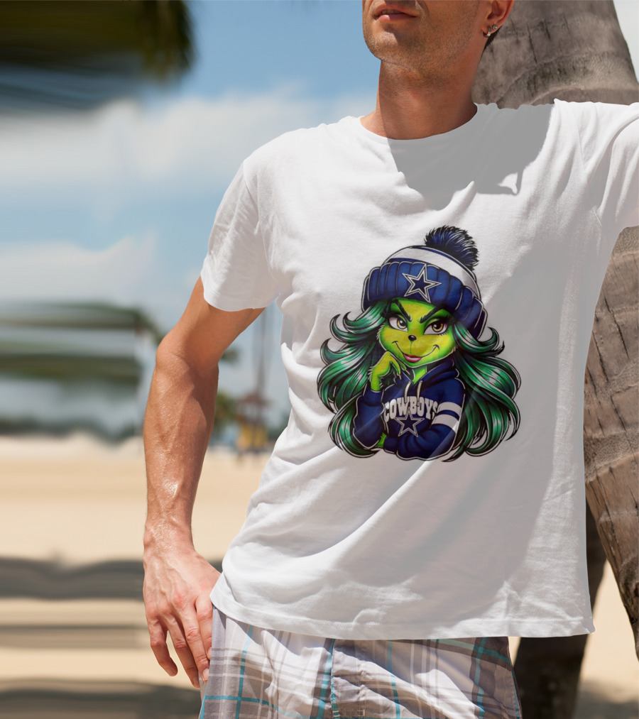 Grinch Girl In Dallas Cowboys Hat And Hoodie With Star T-Shirt