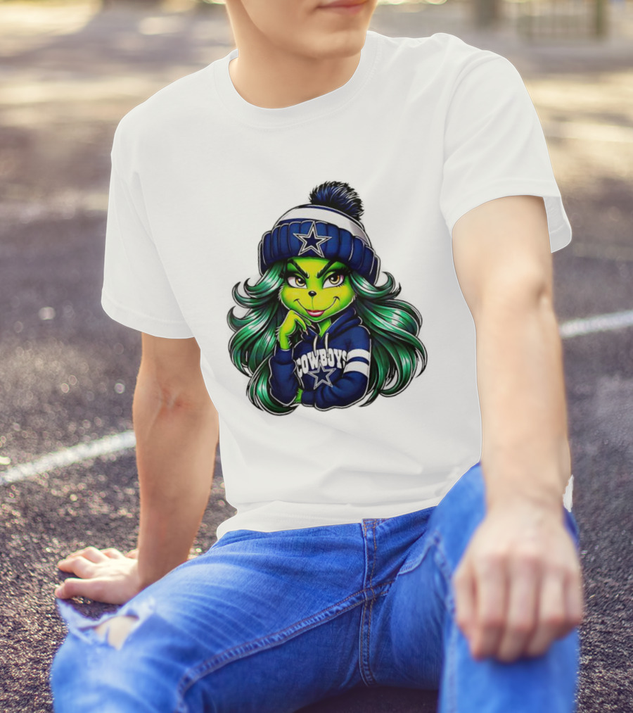 Grinch Girl In Dallas Cowboys Hat And Hoodie With Star T-Shirt