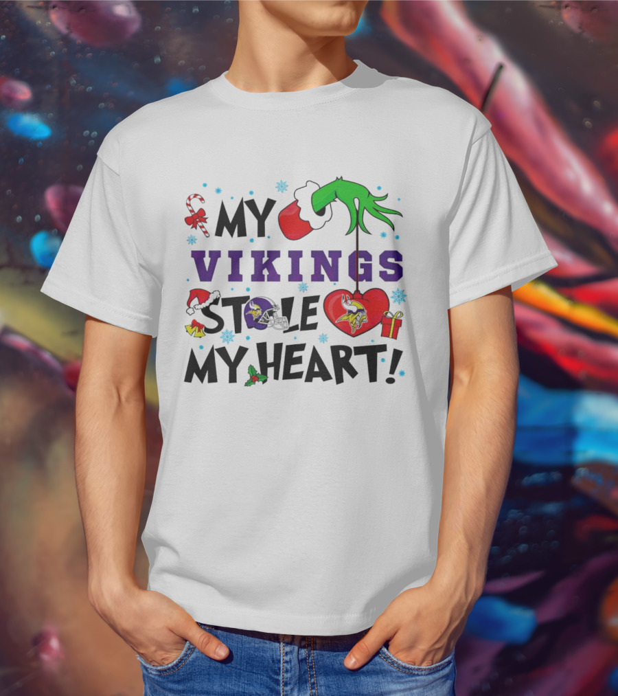 Grinch Hand Holding Heart My Vikings Stole My Heart Christmas T-Shirt