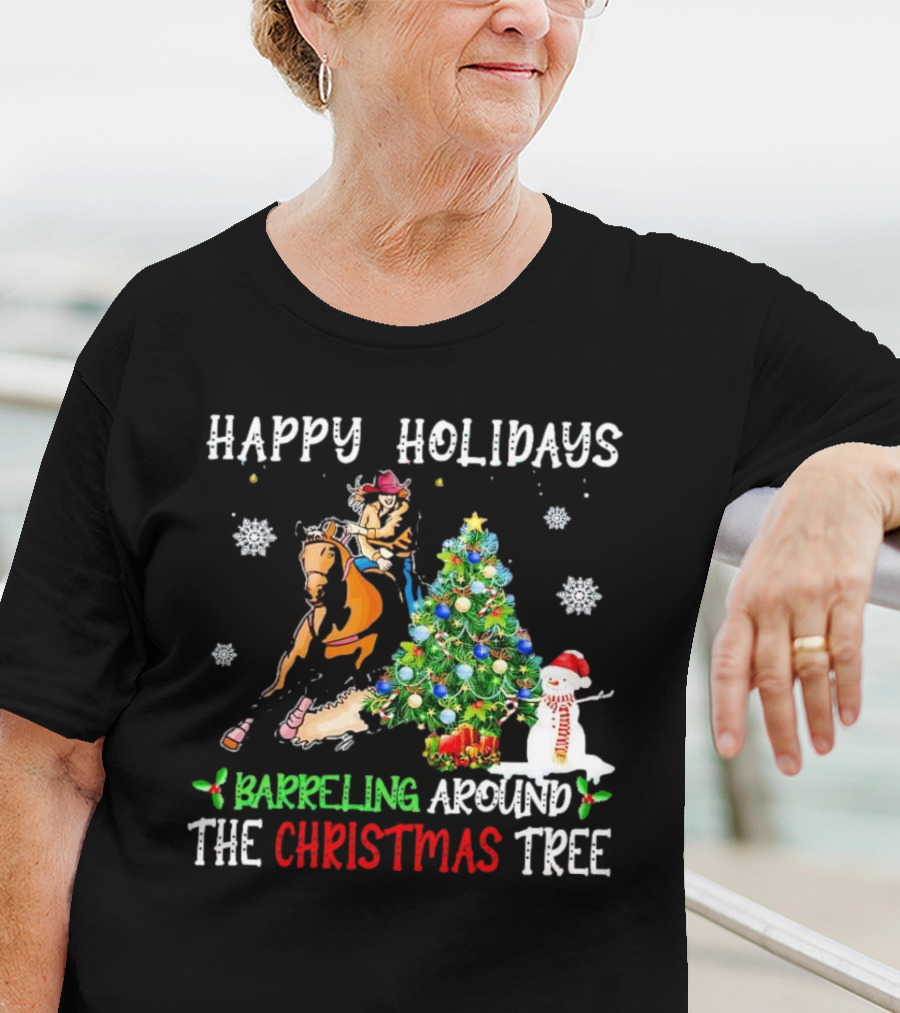 Happy Holidays Barreling Around The Christmas Tree With Cowboy And Snowman T-Shirt