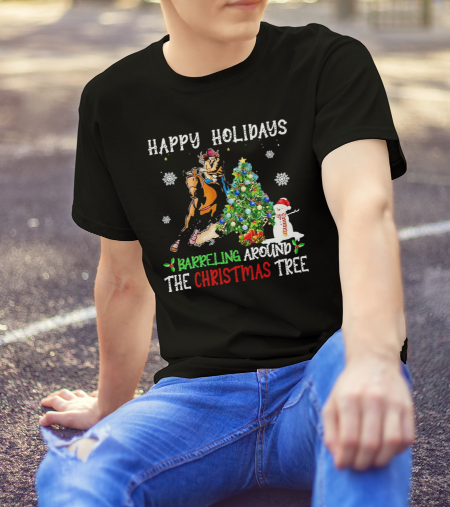 Happy Holidays Barreling Around The Christmas Tree With Cowboy And Snowman T-Shirt