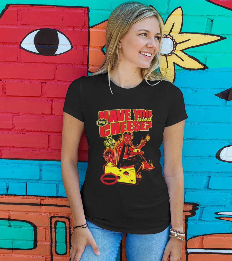Hey Have You Tried Cheese Devil Sitting On Cheese Block Flame Background Punkmaster Store T-Shirt