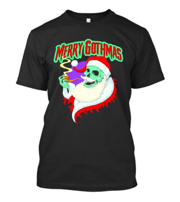 Merry Gothmas Skull Santa Smoking Holiday Greeting T-Shirt