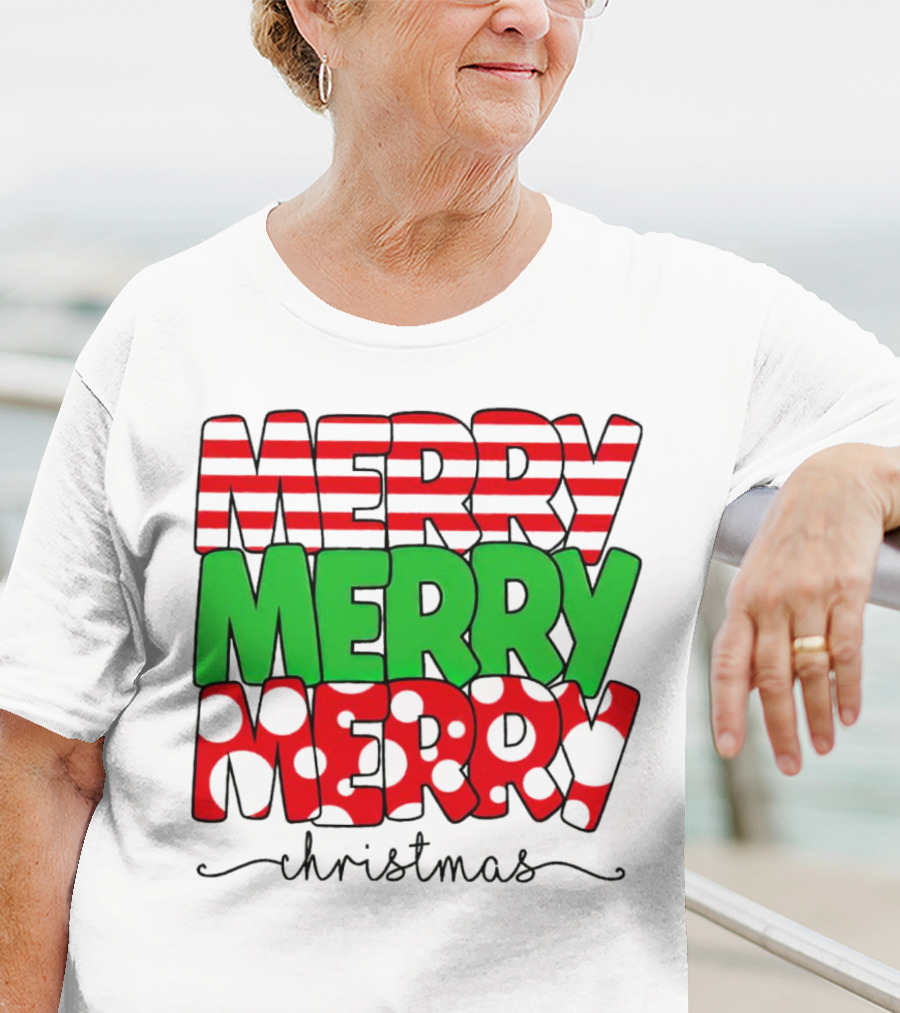 Merry Merry Merry Christmas Stripes And Polka Dots T-Shirt