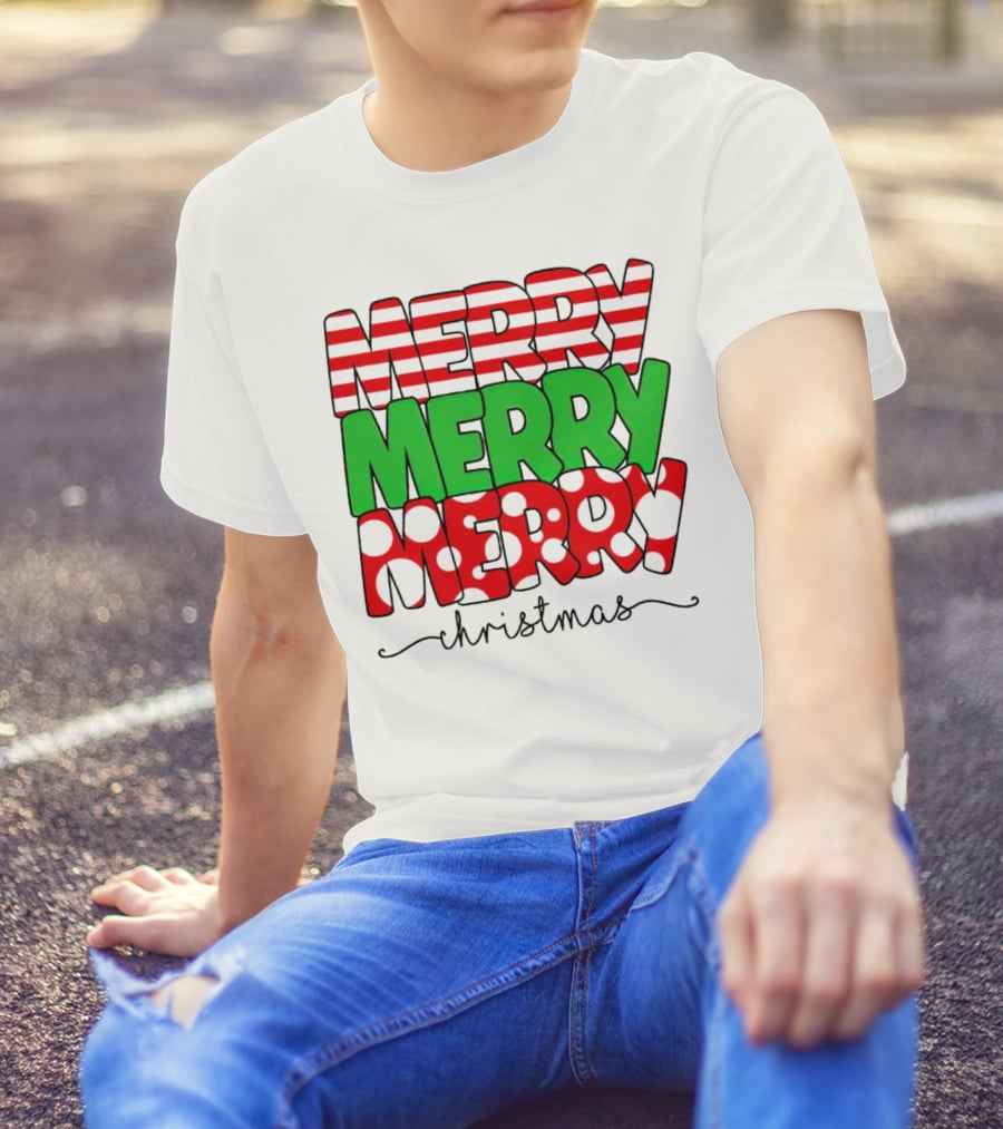 Merry Merry Merry Christmas Stripes And Polka Dots T-Shirt