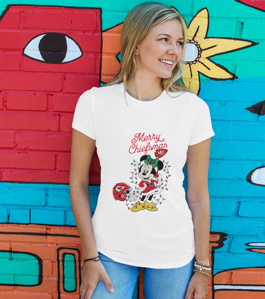 Merry Chiefsmas Minnie Mouse Kansas City Football Christmas Lights Helmet T-Shirt