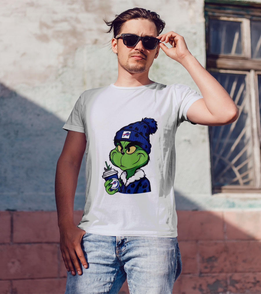 Grinch In Buffalo Bills Beanie Holding Logo Cup T-Shirt