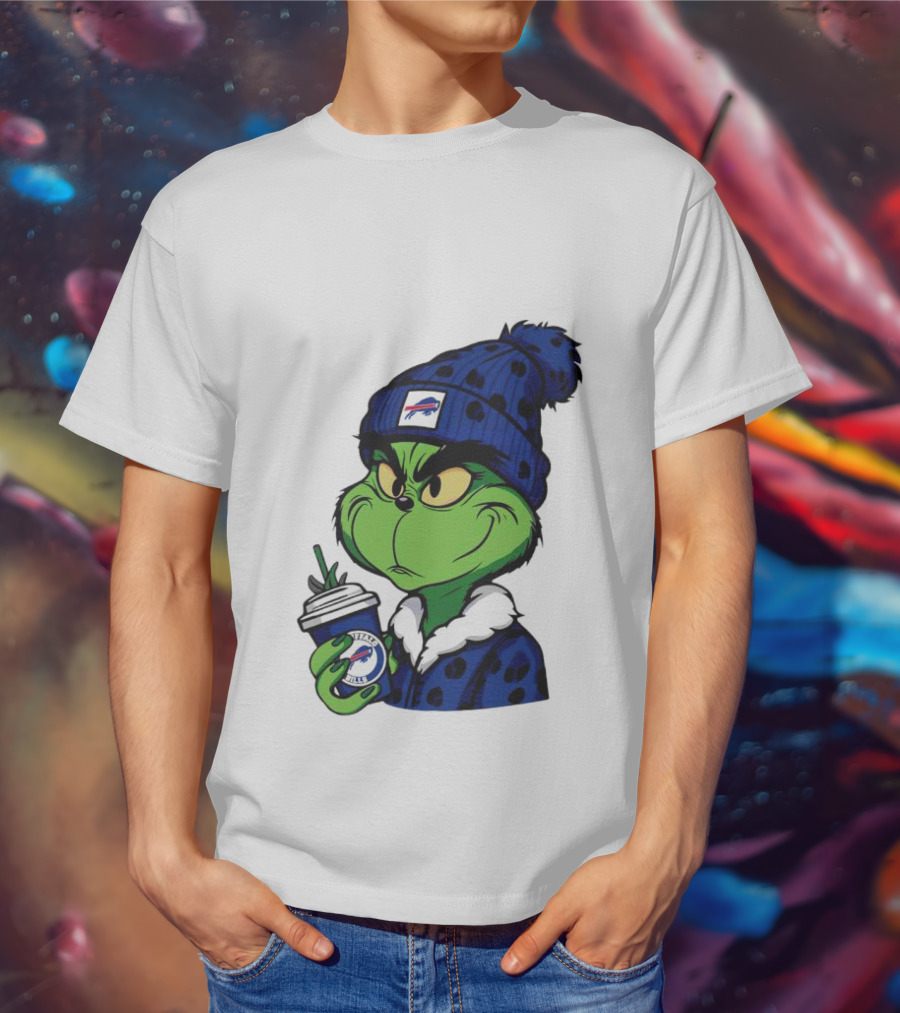 Grinch In Buffalo Bills Beanie Holding Logo Cup T-Shirt