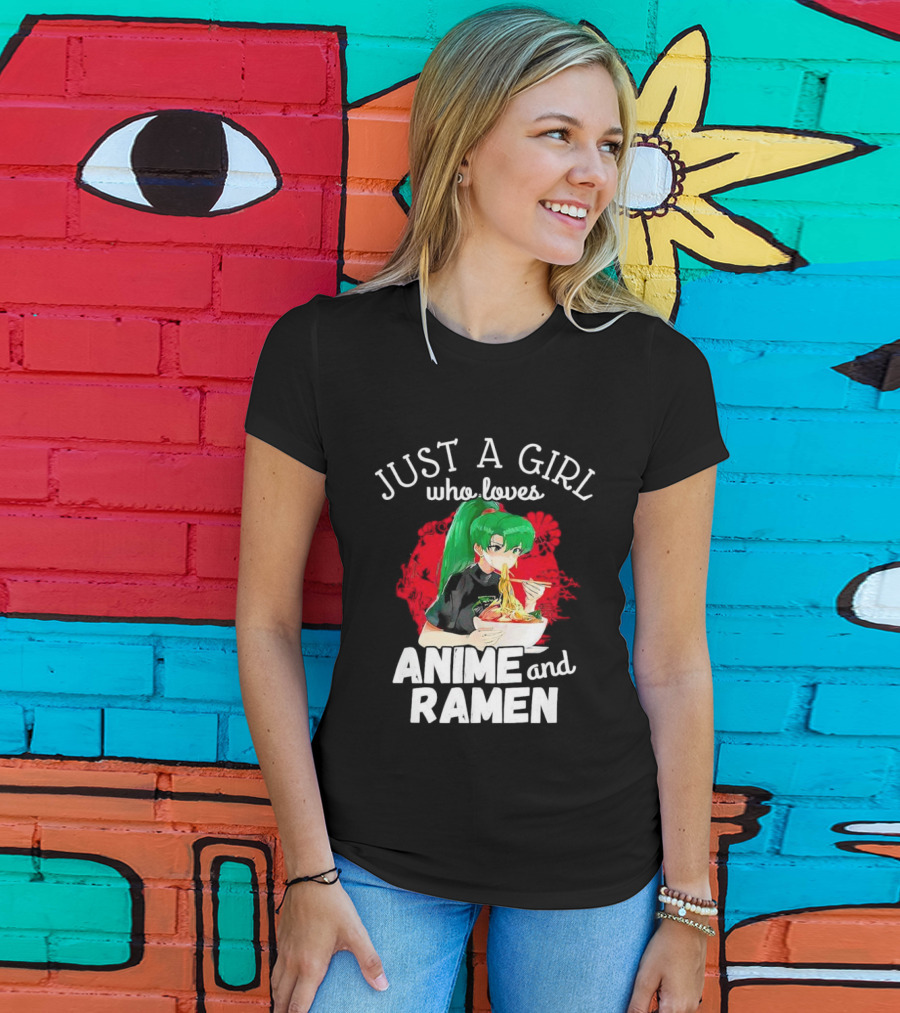 Just A Girl Who Loves Anime And Ramen Green-Haired Character Eating Noodles T-Shirt