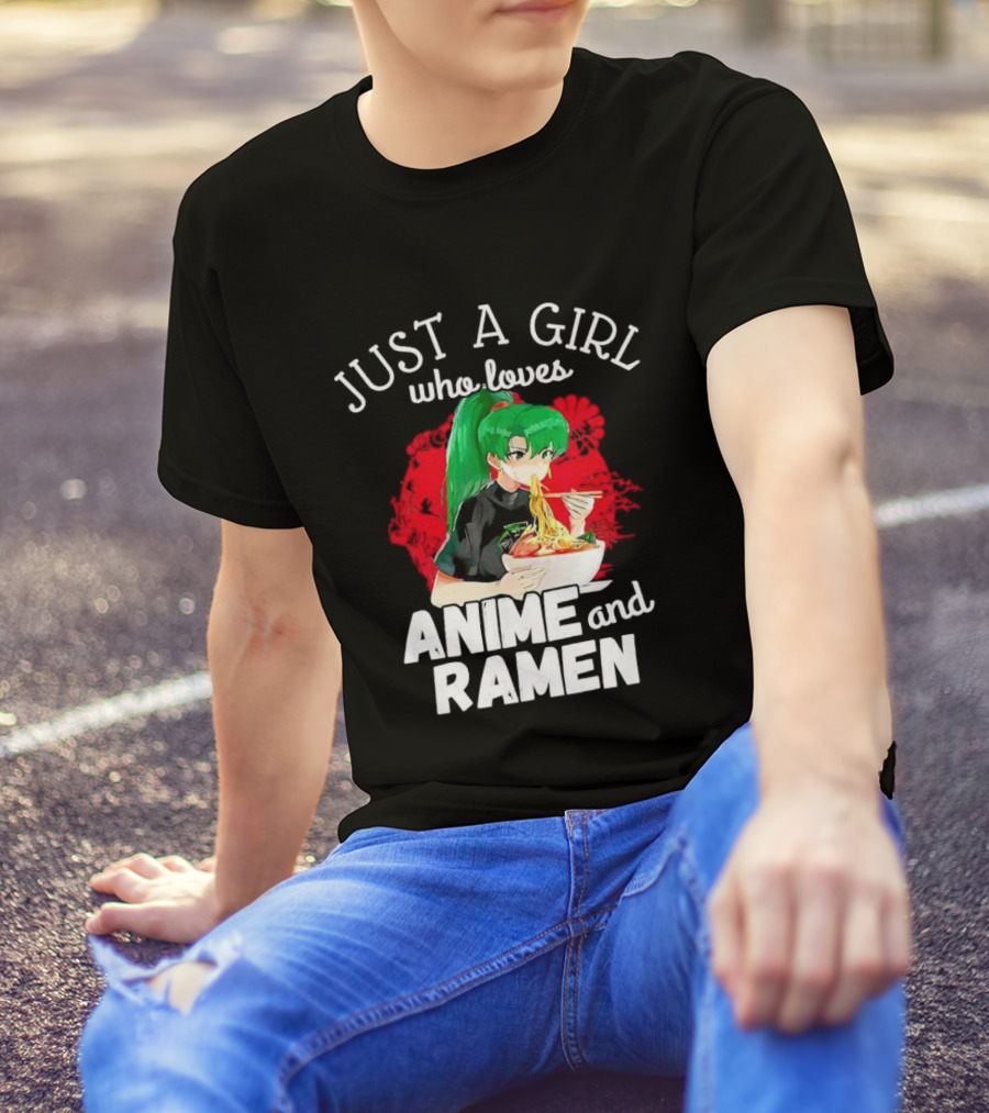 Just A Girl Who Loves Anime And Ramen Green-Haired Character Eating Noodles T-Shirt