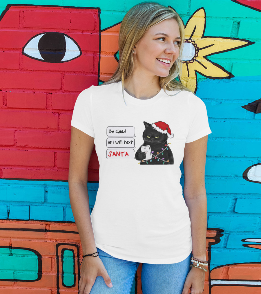 Black Cat Be Good Or I Will Text Santa Christmas Lights Hat T-Shirt