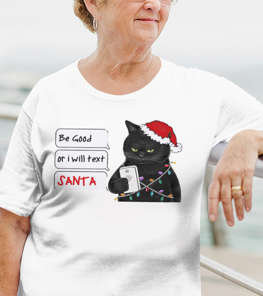 Black Cat Be Good Or I Will Text Santa Christmas Lights Hat T-Shirt