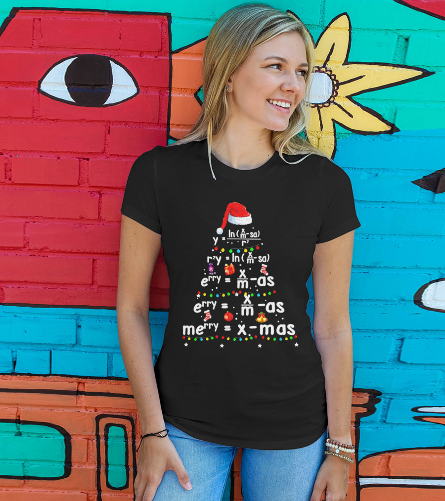 Merry Christmas Tree Math Equations In Santa Hat Form With Holiday Icons T-Shirt