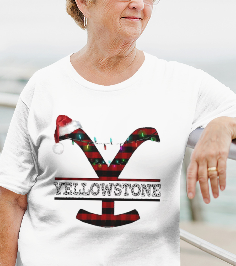 Yellowstone Christmas Santa Hat Lights Buffalo Plaid T-Shirt